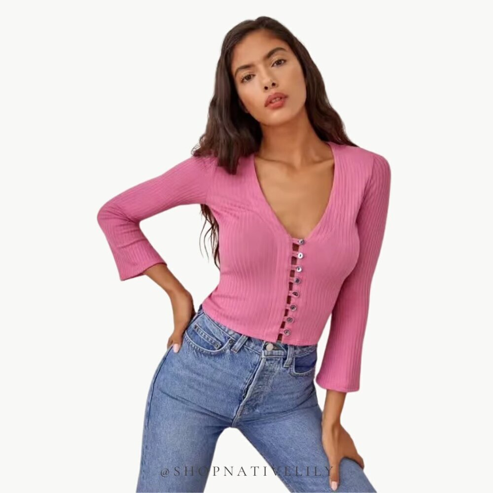 Reformation Pink Ribbed Button-Front Crop Top